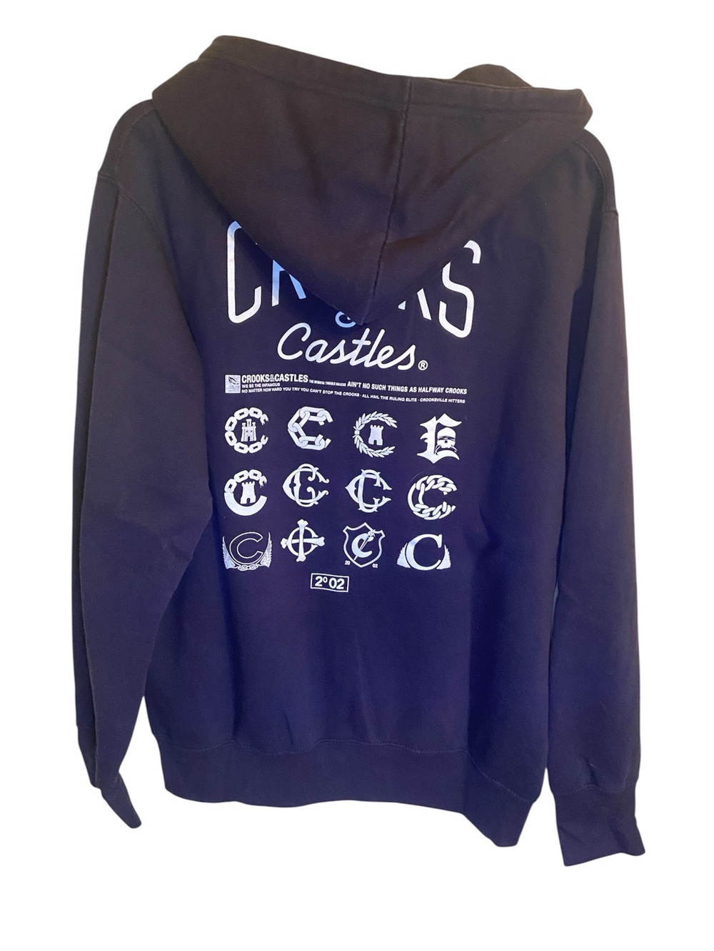 Crooks &Castle men’s zip up hoodie, front kangaroo pockets size large, navy blue